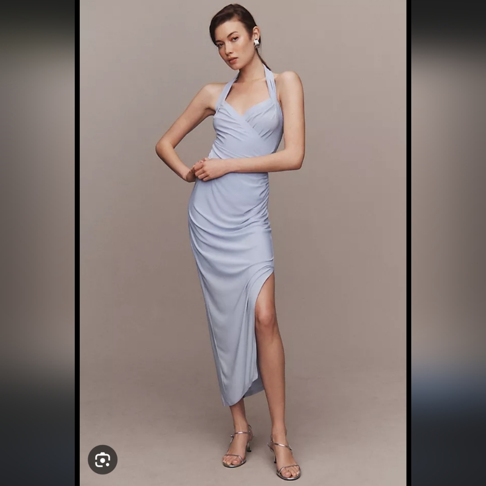 Norma Kamali Cayla Halter Ruched Asymmetric Side-Drape Midi Dress